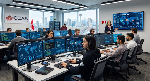 Cybersecurity training lab in Calgary with students at monitoring workstations and instructors reviewing live threat maps