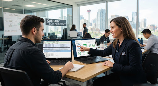 Cybersecurity instructor coaching a professional on network threat packet traces and ISO compliance charts