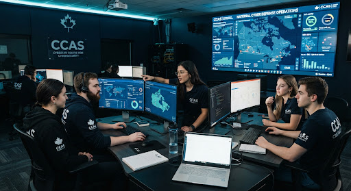 Cybersecurity students collaborating in a Canadian operations centre laboratory with multi-monitor blue-team dashboards