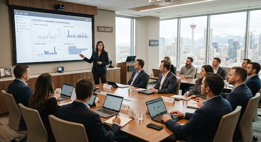 Corporate board room in Calgary during a cybersecurity risk awareness seminar