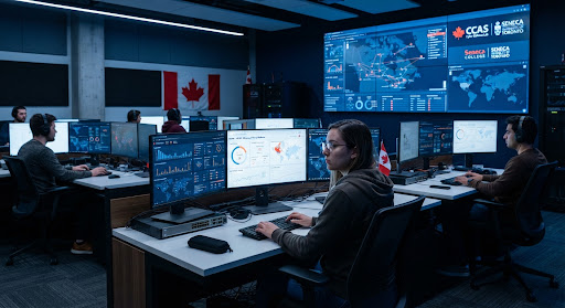 Advanced cybersecurity defense laboratory classroom with multiple high-resolution threat monitor screens