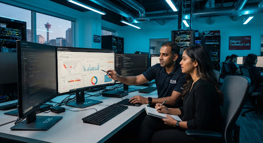 Cybersecurity instructor guiding a learner through SOC defensive dashboards in the Calgary lab