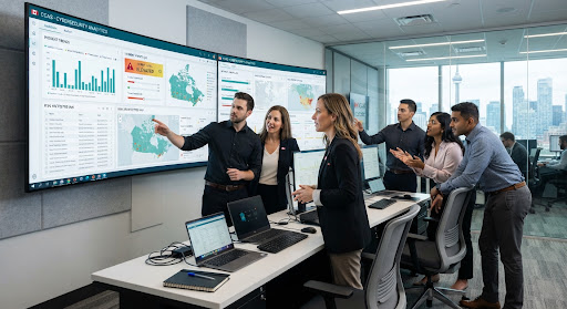Cybersecurity team collaborating around security operations centre wall monitors analysing incident trends