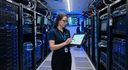 Server rack indicators and structured cabling in a Calgary data facility